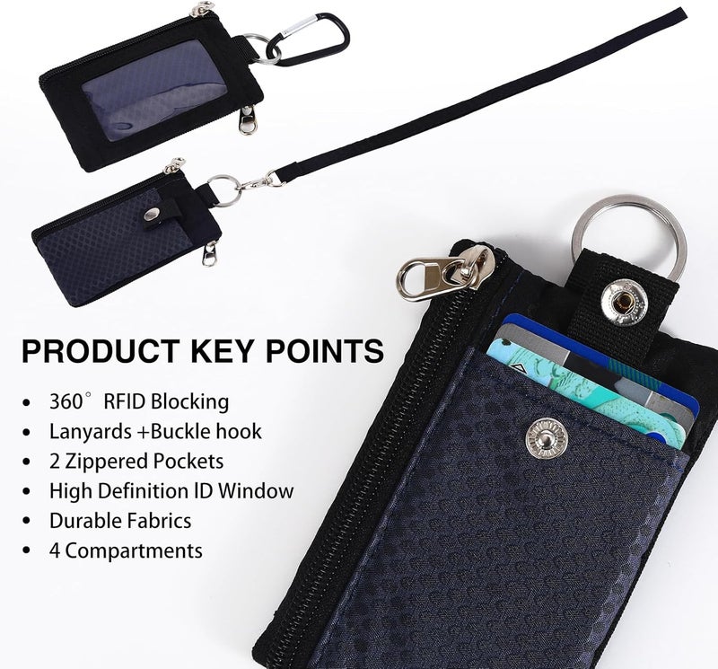 MASAPHIL MASAPHlL Small Lanyard Wallet for Women/Men with RFID Blocking ID Badge Holder, Minimalist Nylon Zipper Pouch, Travel Neck Wallet with Keychain, ID Window for Card,Coin,Cash (Dark Blue+Black) - Image 3